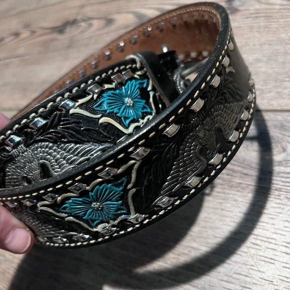 Vintage leather Lorey Teal flower silver eagle belt elegant biker main image 4